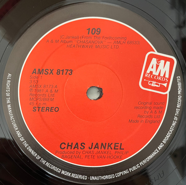 Chas Jankel - One Oh Nine / 3,000,000 Synths | A&M Records (AMSX 8173) - 3