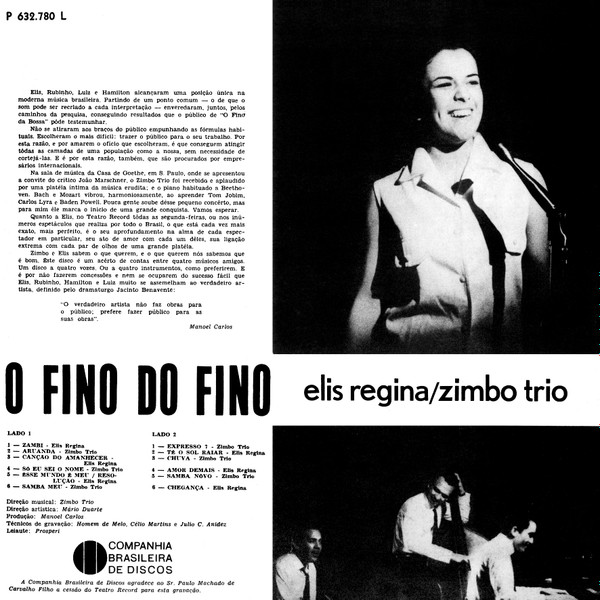 Elis Regina E Zimbo Trio - O Fino Do Fino ("Ao Vivo", No Teatro Record) [Vinyl] | Philips (P 632.780 L) - 2