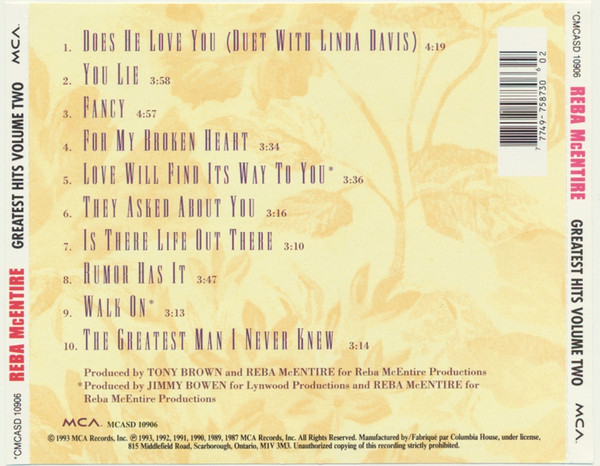 Reba McEntire - Greatest Hits Volume Two | MCA Records (CMCASD 10906) - 2 Reba McEntire - Greatest Hits Volume Two | MCA Records (CMCASD 10906) - 2