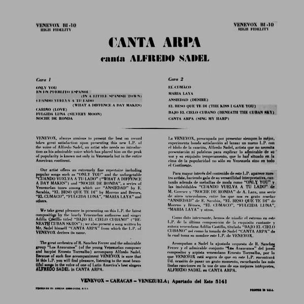 Alfredo Sadel - Canta Arpa | Vene Vox (BL-10) - 3
