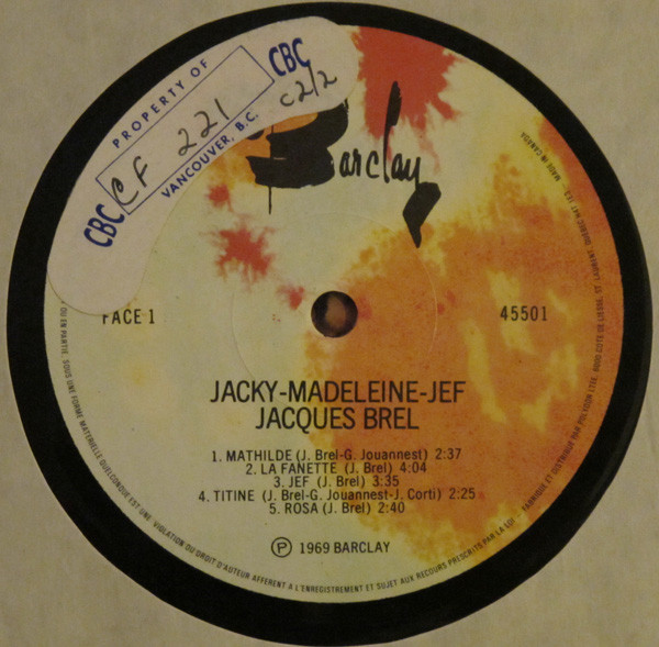 Jacques Brel - Jacky/Madeleine/Jef [Vinyl] | Barclay (45501) - 3