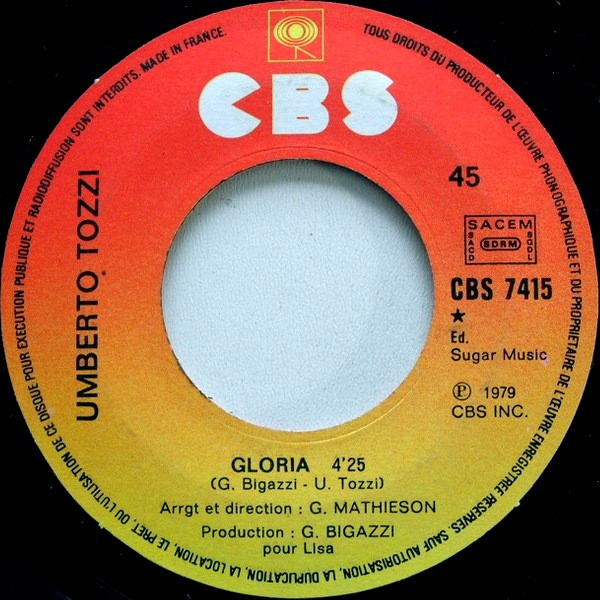 Umberto Tozzi - Gloria | CBS (CBS 7415) - 3
