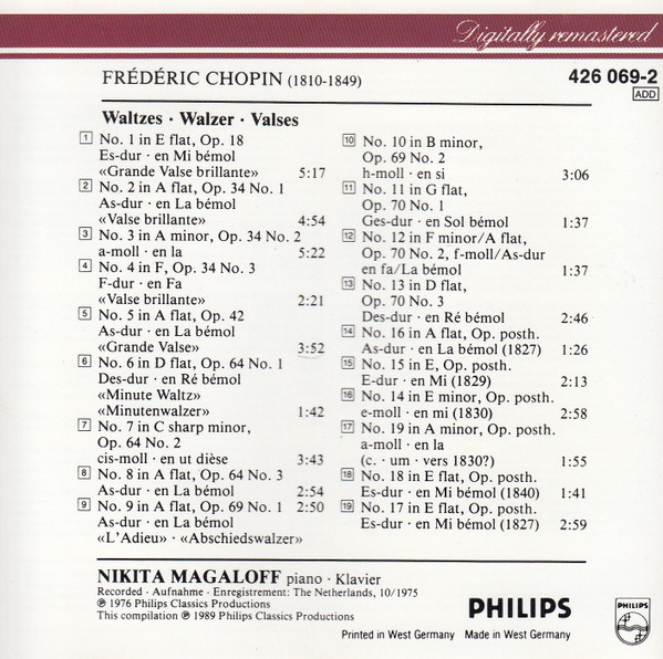 Frédéric Chopin , Nikita Magaloff - 19 Waltzes | Philips (426 069-2) - 2 Frédéric Chopin , Nikita Magaloff - 19 Waltzes | Philips (426 069-2) - 2
