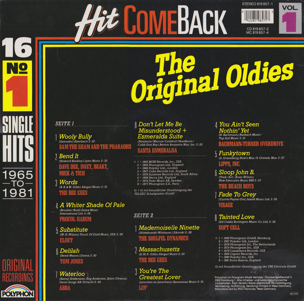 Various - Hit Come Back • The Original Oldies • Vol. 1 • 16 No. 1 Single Hits 1965 To 1981 • Original Recordings | Polyphon (819 857-1) - 2