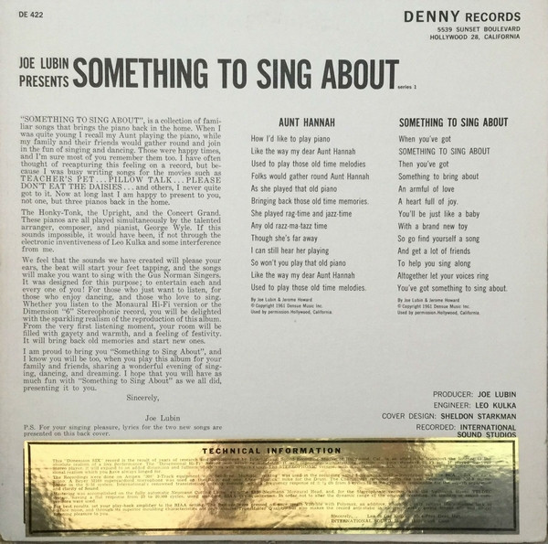 Joe Lubin Presents The Gus Norman Singers - Joe Lubin Presents Something To Sing About Series 1 | Denny Records (DE-422) - 2 Joe Lubin Presents The Gus Norman Singers - Joe Lubin Presents Something To Sing About Series 1 | Denny Records (DE-422) - 2