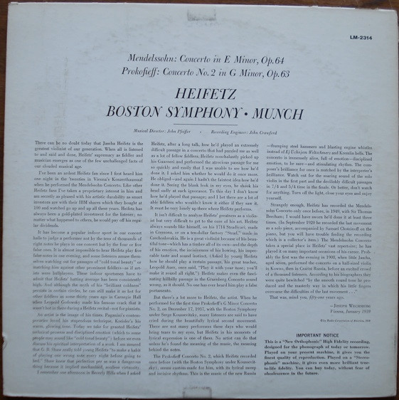 Jascha Heifetz , Charles Munch , Boston Symphony Orchestra / Felix Mendelssohn-Bartholdy / Sergei Prokofiev - Mendelssohn Concerto In E Minor / Prokofieff Concerto In G Minor | RCA Victor Red Seal (LM 2314) - 2