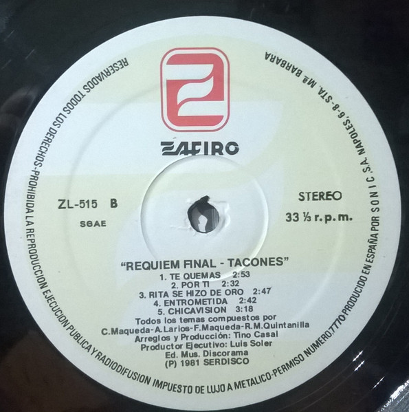 Tacones - Requiem Final - Vinilo | Zafiro (ZL-515) - 4 Tacones - Requiem Final - Vinilo | Zafiro (ZL-515) - 4