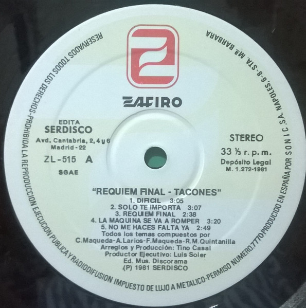 Tacones - Requiem Final - Vinilo | Zafiro (ZL-515) - 3 Tacones - Requiem Final - Vinilo | Zafiro (ZL-515) - 3