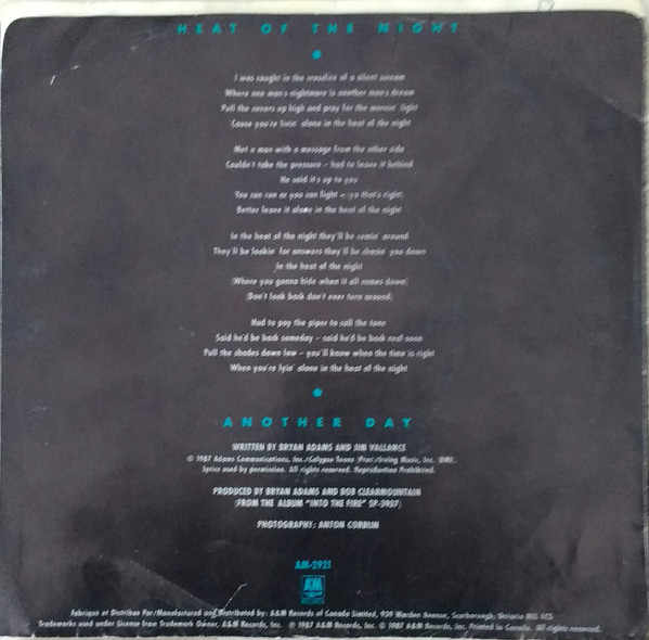 Bryan Adams - Heat Of The Night (7") [Vinyl] | A&M Records (AM-2921) - 2