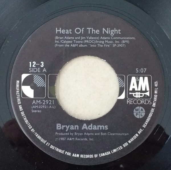 Bryan Adams - Heat Of The Night (7") [Vinyl] | A&M Records (AM-2921) - 3