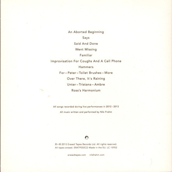 Nils Frahm - Spaces | Erased Tapes Records (ERATP055CD) - 2 Nils Frahm - Spaces | Erased Tapes Records (ERATP055CD) - 2