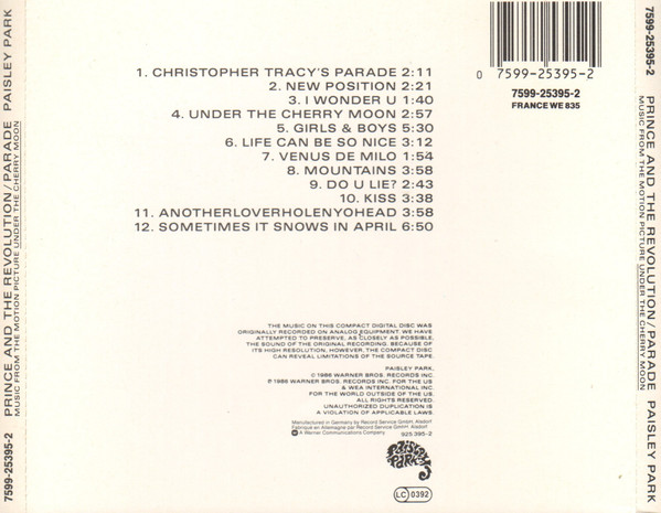 Prince And The Revolution - Parade (Music From The Motion Picture Under The Cherry Moon) | Paisley Park (7599-25395-2) - 4