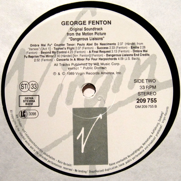 George Fenton - Dangerous Liaisons (Original Motion Picture Soundtrack) | Virgin (V 2583) - 4