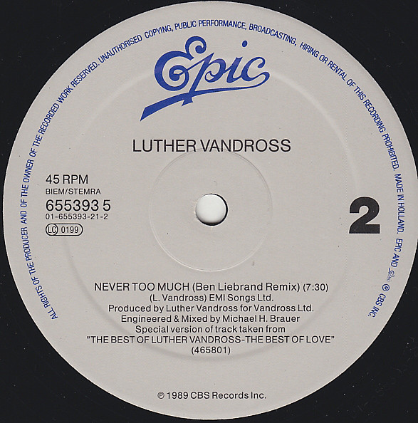 Luther Vandross - Ben Liebrand Megamix / Never Too Much | Epic (655393 5) - 4 Luther Vandross - Ben Liebrand Megamix / Never Too Much | Epic (655393 5) - 4