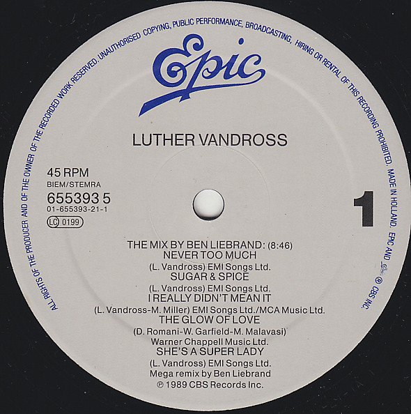 Luther Vandross - Ben Liebrand Megamix / Never Too Much | Epic (655393 5) - 3 Luther Vandross - Ben Liebrand Megamix / Never Too Much | Epic (655393 5) - 3