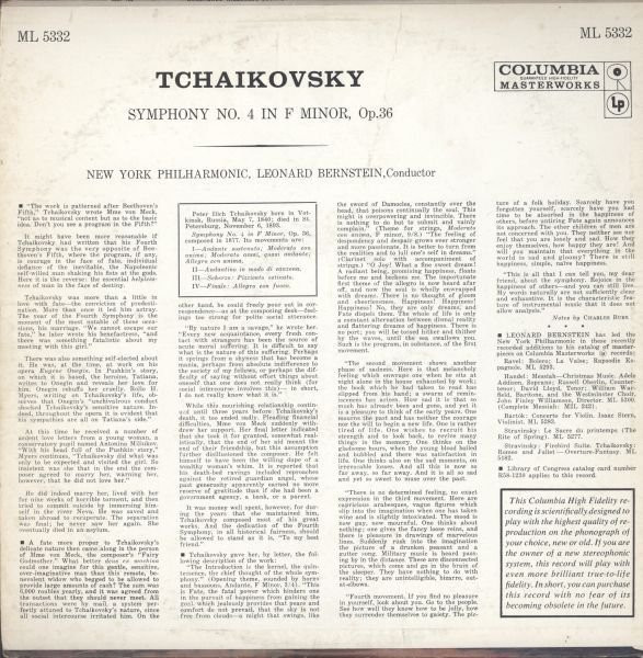 Pyotr Ilyich Tchaikovsky : New York Philharmonic , Leonard Bernstein - Symphony No. 4 In F Minor, Op. 36 [Vinyl] | Columbia Masterworks (ML 5332) - 2