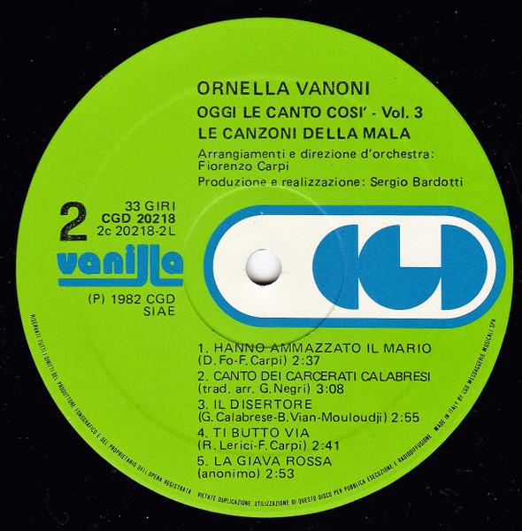 Ornella Vanoni - ”Oggi Le Canto Così” N.3 (Le Canzoni Della Mala) | CGD (CGD 20218) - 4
