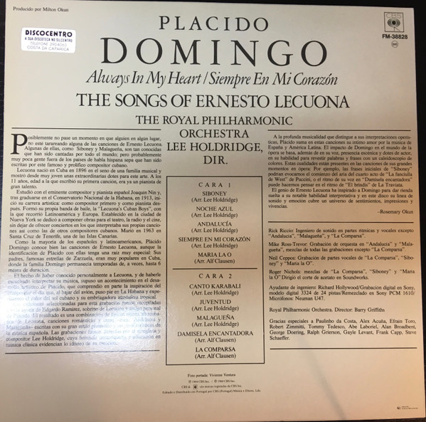 Placido Domingo - Always In My Heart = Siempre En Mi Corazón - The Songs Of Ernesto Lecuona | CBS (38828) - 2