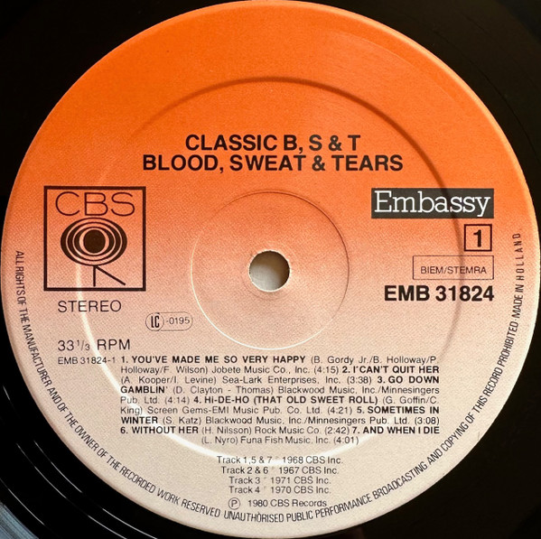 Blood, Sweat And Tears - Classic B, S & T | Embassy (EMB 31824) - 3