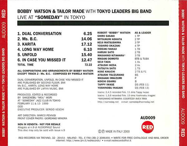 Bobby Watson & Tailor Made With Tokyo Leaders Big Band - Live At "Someday" In Tokyo | Red Record (AUD009) - 2 Bobby Watson & Tailor Made With Tokyo Leaders Big Band - Live At "Someday" In Tokyo | Red Record (AUD009) - 2