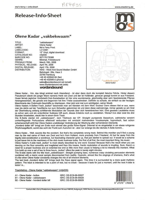 Olene Kadar - vakbekwaam | Mo's Ferry Prod. (mfp035)