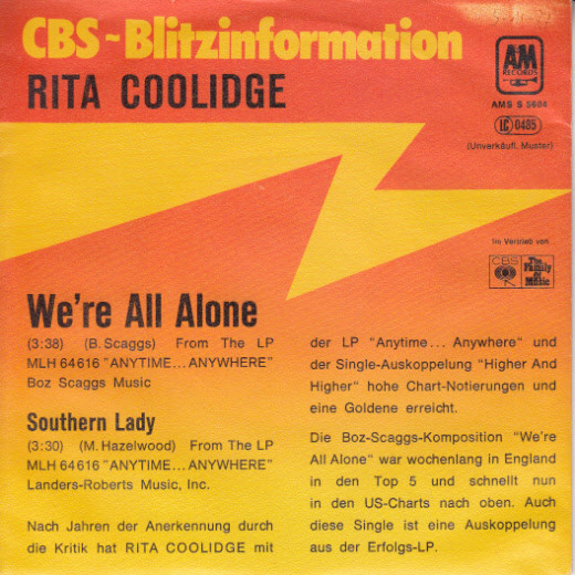 Rita Coolidge - We're All Alone | A&M Records (AMS S 5604)