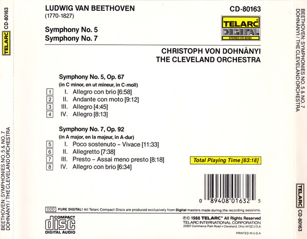 Ludwig van Beethoven - The Cleveland Orchestra , Christoph von Dohnányi - Symphonies No. 5 & No. 7 | Telarc (CD-80163) - 2