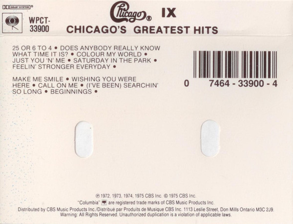 Chicago - Chicago's Greatest Hits [Cassette] | Columbia (WPCT-33900) - 2