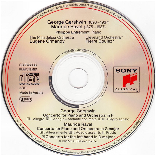 George Gershwin / Maurice Ravel - Philippe Entremont ∙ Eugene Ormandy ∙ Pierre Boulez - Piano Concerto In F / The 2 Piano Concertos | Sony Classical (SBK 46338) - 3