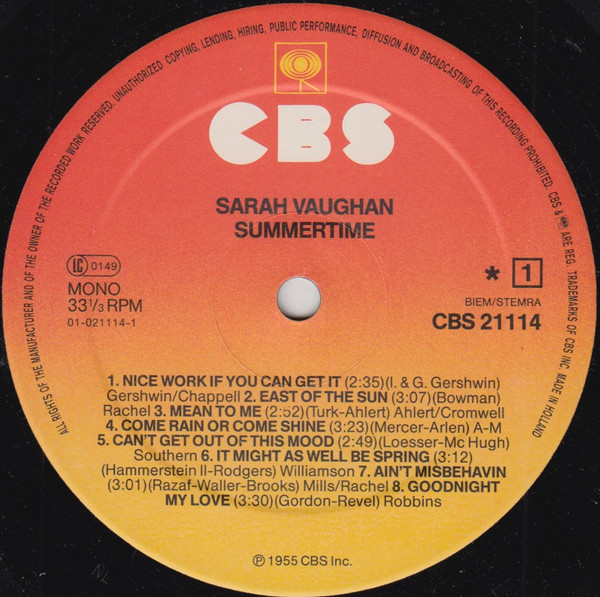 Sarah Vaughan - Summertime | CBS (CBS 21114) - main Sarah Vaughan - Summertime | CBS (CBS 21114) - main