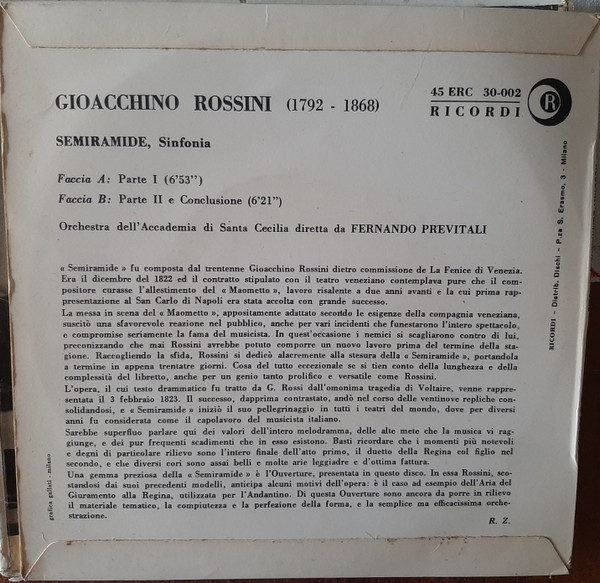 Gioacchino Rossini , Orchestra Dell'Accademia Nazionale di Santa Cecilia Diretta Da Fernando Previtali - Semiramide | Ricordi (45 ERC 30-002) - 2 Gioacchino Rossini , Orchestra Dell'Accademia Nazionale di Santa Cecilia Diretta Da Fernando Previtali - Semiramide | Ricordi (45 ERC 30-002) - 2