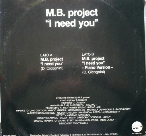 M.B. Project - I Need You | WR (Wolf Records) (WR 009202 MX) - 2