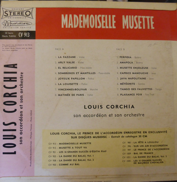 Louis Corchia Et Son Orchestre - Mademoiselle Musette | Musidisc (30 CV 913) - 2