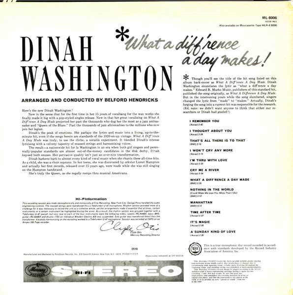 Dinah Washington - What A Diff'rence A Day Makes! | Mercury (ML-8006) - 2