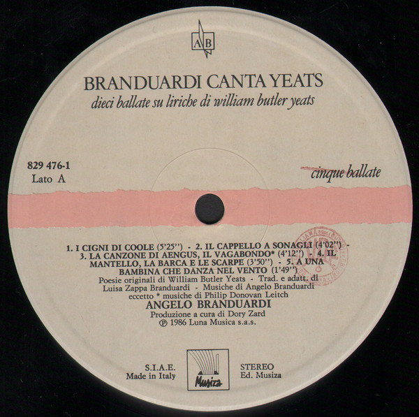 Angelo Branduardi - Branduardi Canta Yeats - Dieci Ballate Su Liriche Di William Butler Yeats | Musiza (829 476-1) - 4 Angelo Branduardi - Branduardi Canta Yeats - Dieci Ballate Su Liriche Di William Butler Yeats | Musiza (829 476-1) - 4