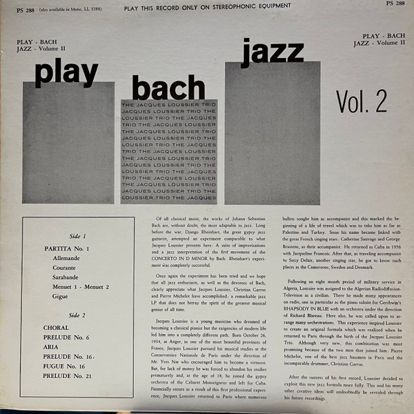 Jacques Loussier Trio - Play Bach Jazz Vol. 2 | London Records (PS 288) - 2