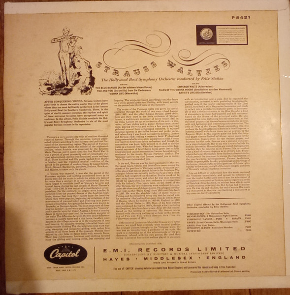 The Hollywood Bowl Symphony Orchestra Conducted By Felix Slatkin - Strauss Waltzes | Capitol Records (P 8421) - 2 The Hollywood Bowl Symphony Orchestra Conducted By Felix Slatkin - Strauss Waltzes | Capitol Records (P 8421) - 2