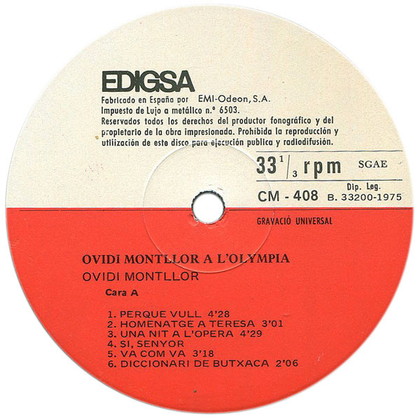 Ovidi Montllor - Ovidi Montllor A L'Olympia | Edigsa (CM408) - 3