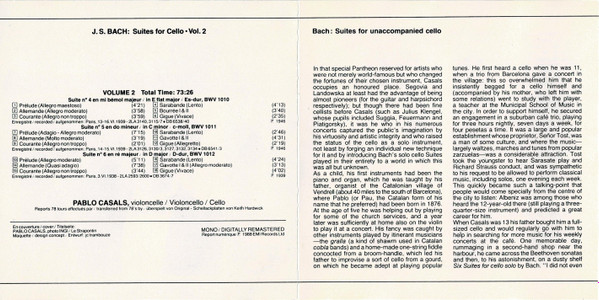 Johann Sebastian Bach / Pablo Casals - Suites For Cello - Volume 2 | EMI Classics (CDH- 61029 2) - 2