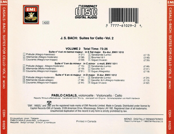 Johann Sebastian Bach / Pablo Casals - Suites For Cello - Volume 2 | EMI Classics (CDH- 61029 2) - 4
