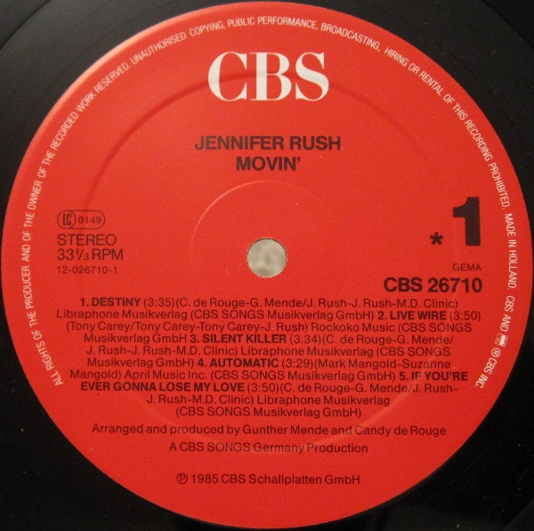 Jennifer Rush - Movin' | CBS (CBS 26710) - 3 Jennifer Rush - Movin' | CBS (CBS 26710) - 3