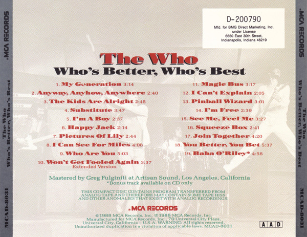 The Who - Who's Better, Who's Best [CD] | MCA Records (MCAD-8031) - 2