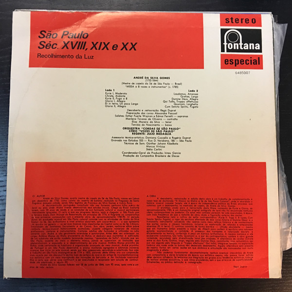 André da Silva Gomes - Orquestra Cordas De São Paulo , Côro Vozes De São Paulo , Julio Medaglia - São Paulo Séc XVIII,XIX e XX | Fontana (6485007) - main