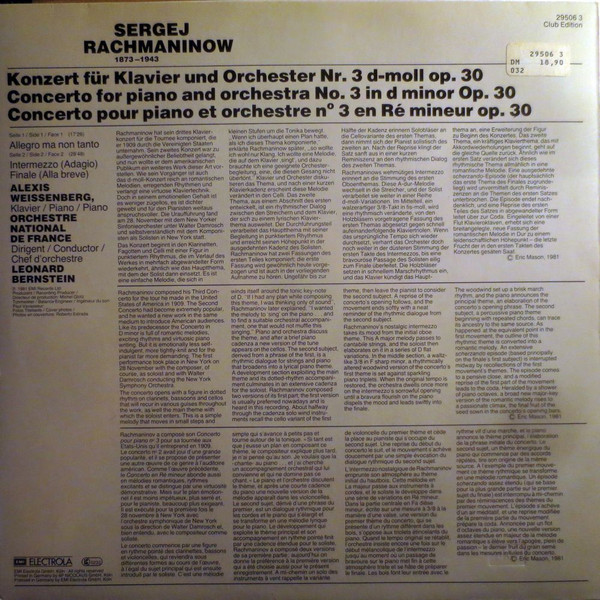 Sergei Vasilyevich Rachmaninoff - Leonard Bernstein - Alexis Weissenberg - Orchestre National De France - Klavierkonzert Nr.3 - Complete Version | EMI (29506 3) - 2