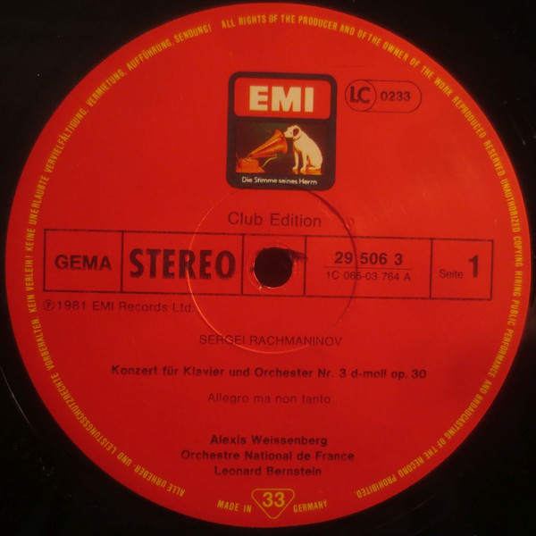 Sergei Vasilyevich Rachmaninoff - Leonard Bernstein - Alexis Weissenberg - Orchestre National De France - Klavierkonzert Nr.3 - Complete Version | EMI (29506 3) - 3