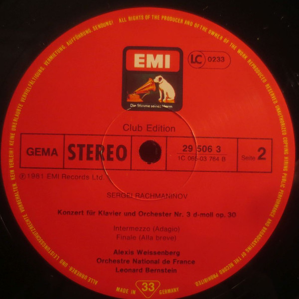 Sergei Vasilyevich Rachmaninoff - Leonard Bernstein - Alexis Weissenberg - Orchestre National De France - Klavierkonzert Nr.3 - Complete Version | EMI (29506 3) - 4