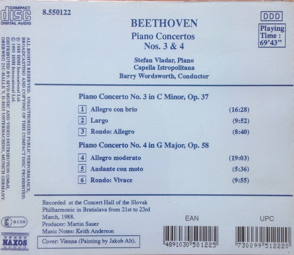 Ludwig van Beethoven - Stefan Vladar , Capella Istropolitana , Barry Wordsworth - Piano Concertos  Nos. 3 & 4 | Naxos (8.550122) - 2