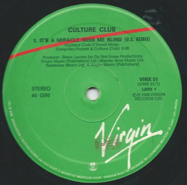 Culture Club - It's A Miracle / Miss Me Blind | Virgin (VINX 51) - main Culture Club - It's A Miracle / Miss Me Blind | Virgin (VINX 51) - main
