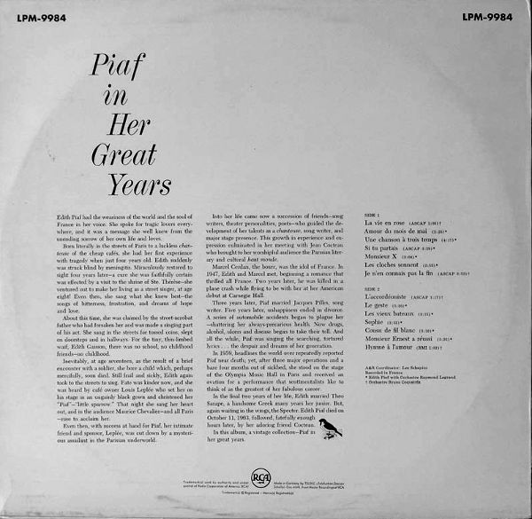 Edith Piaf - Piaf In Her Great Years | RCA Victor (LPM-9984) - 2