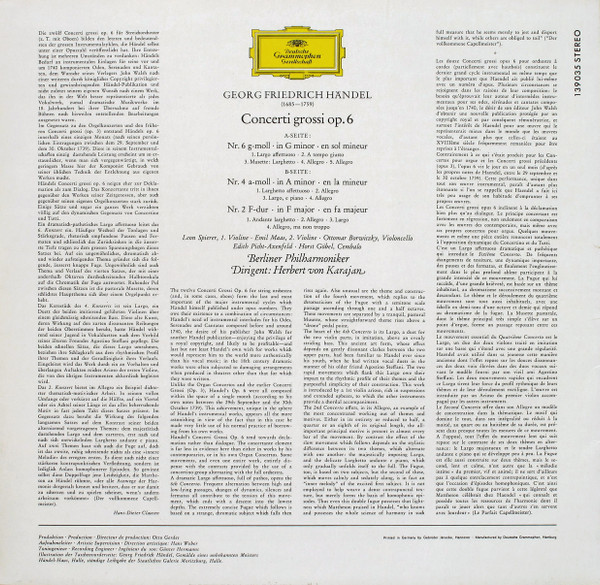 Georg Friedrich Händel , Berliner Philharmoniker , Herbert von Karajan - Concerti Grossi Op. 6 Nr. 2, 4 & 6 | Deutsche Grammophon (139 035 SLPM) - 2